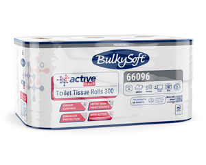 BulkySoft Active Clean szállodai toalettpapír (wc papír), 2 rétegű, 300 lapos, hófehér, 12 tekercs/csomag