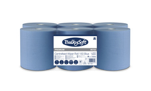 BulkySoft Advanced midi laponkénti adagolású belsőmagos kéztörlő (RFX), 19 cm, 2 rétegű, kék, 441 lap, 150 méter/tekercs, 6 tekercs/zsák