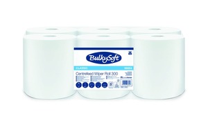BulkySoft Advanced midi laponkénti adagolású belsőmagos kéztörlő (RFX), 19 cm, 1 rétegű, hófehér, 857 lap, 300 méter/tekercs, 6 tekercs/zsák