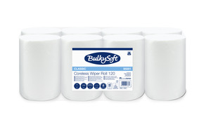 BulkySoft Advanced mini laponkénti adagolású belsőmagos kéztörlő (RFX), 14 cm, 1 rétegű, hófehér, 353 lap, 120 méter/tekercs, 8 tekercs/zsák