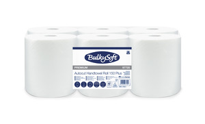 BulkySoft Advanced System laponkénti adagolású kéztörlő (NVA), 18 cm, 2 rétegű, hófehér, 150 méter/tekercs, 100% cellulóz, 6 tekercs/zsák