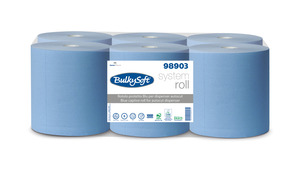 BulkySoft Classic Autocut Blue laponkénti adagolású kéztörlő, 20 cm, 2 rétegű, kék, 250 méter/tekercs, 100% cellulóz, 6 tekercs/doboz