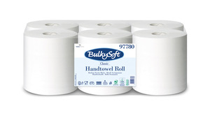 BulkySoft Universal Long System laponkénti adagolású kéztörlő (NVA), 20 cm, 2 rétegű, hófehér, 250 méter/tekercs, 100% cellulóz, 6 tekercs/zsák
