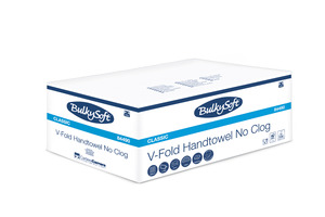 BulkySoft Classic V ''No Clog'' extra gyorsan oldódó hajtogatott kéztörlő, 2 rétegű, hófehér, 24x21 cm, 200 lap, 100% cellulóz, 15 csomag/karton