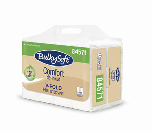 BulkySoft Comfort V ''250'' hajtogatott kéztörlő, 2 rétegű, fehér, 24x21 cm, 250 lap, Easybag csomagolás, 12 csomag/zsák