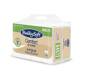 BulkySoft Comfort V ''300'' hajtogatott kéztörlő, 1 rétegű, fehér, 24x21 cm, 300 lap, Easybag csomagolás, 12 csomag/zsák
