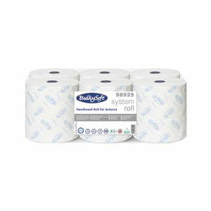BulkySoft Excellence Autocut laponkénti adagolású kéztörlő, 20 cm, 3 rétegű, hófehér, 150 méter/tekercs, 100% cellulóz, 6 tekercs/zsák