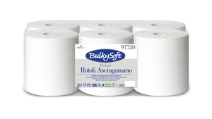 BulkySoft Advanced System laponkénti adagolású kéztörlő (NVA), 18 cm, 2 rétegű, hófehér, 150 méter/tekercs, 100% cellulóz, 6 tekercs/zsák