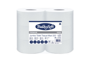 BulkySoft Premium maxi Jumbo extra gyorsan oldódó toalettpapír (wc papír), 25,5cm, 2 rétegű, hófehér, 320 méter/tekercs, 6 tekercs/zsák