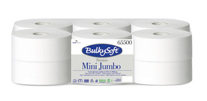 BulkySoft Premium mini Jumbo extra gyorsan oldódó toalettpapír (wc papír), 19cm, 2 rétegű, hófehér, nem perforált, 145 méter/tekercs, 12 tekercs/zsák