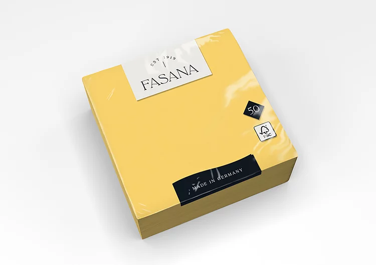 Fasana Lunch mini szalvéta, sárga, 3 rétegű, 33x33 cm, 50 lap, 1/4 hajtott
