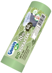 Glossy BIO 100%-ban biológiailag lebomló szemeteszsák (kukazsák) 60 literes, 60x70 cm, 15 mikron vastag, 10 db/tekercs, 30 tekercs/karton