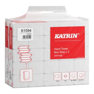 Katrin Non-Stop Long Handy Pack interfold ''W'' hajtogatott kéztörlő, 2 rétegű, fehér, 32x20,3 cm, 120 lapos, 25 csomag/zsák
