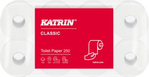 Katrin Classic Toilet 250 toalettpapír (wc papír), 2 rétegű, fehér, 250 lapos, 100% újrahasznosított, 8 tekercs/csomag, 104773