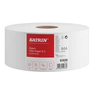Katrin Jumbo Toilet S/150 toalettpapír (wc papír), 18cm, 2 rétegű, hófehér, 1304 lapos, 150 méter/tekercs, 100% cellulóz, 12 tekercs/zsák