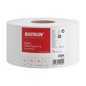 Katrin Jumbo Toilet S2/150 toalettpapír (wc papír), 19 cm átmérő, 150 méter, 2 rétegű, fehér, 600 lapos, 150 méter/tekercs, 12 tekercs/zsák