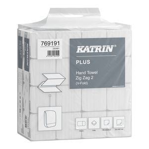 Katrin Plus Zig Zag 2 ''V'' hajtogatott kéztörlő, 2 rétegű, hófehér, 20,7x23 cm, 194 lap, 16 csomag/zsák
