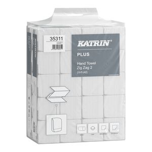 Katrin Plus Zig Zag 200 Handy Pack, hajtogatott kéztörlő (Zig Zag, V-hajtott), 2 rétegű, hófehér, 100% cellulóz, 23x22,4 cm, 200 lap, 20 csomag/zsák