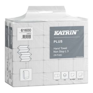 Katrin Plus Non-Stop Long Handy Pack interfold ''W'' hajtogatott kéztörlő, 3 rétegű, hófehér, 20,3x32 cm, 90 lapos, 25 csomag/zsák