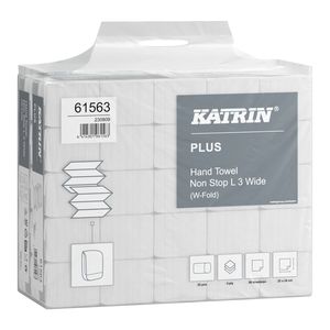 Katrin Plus Non-Stop Long Handy Pack ''W'' hajtogatott kéztörlő, 3 rétegű, hófehér, 32x24 cm, 90 lapos, 25 csomag/zsák