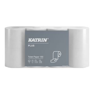 Katrin Plus Toilet 150 toalettpapír (wc papír), 3 rétegű, hófehér, 150 lapos, 100% cellulóz, 8 tekercs/csomag, 7 csomag/zsák