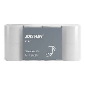 Katrin Plus Toilet 250 toalettpapír (wc papír), 3 rétegű, hófehér, 250 lapos, 8 tekercs/csomag, 7 csomag/zsák