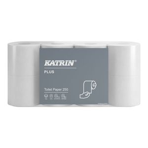 Katrin Plus Toilet 250 toalettpapír (wc papír), 3 rétegű, hófehér, 250 lapos, 8 tekercs/csomag, 7 csomag/zsák, KIFUTÓ!
