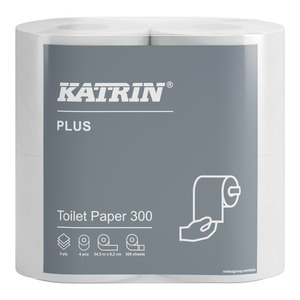 Katrin Plus Toilet 300 toalettpapír (wc papír), 3 rétegű, hófehér, 300 lapos, 4 tekercs/csomag, 6 csomag/zsák