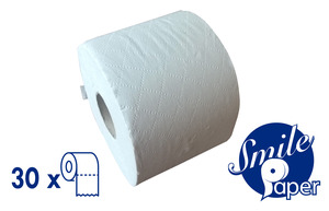 Smile Advanced mini toalettpapír (wc papír), 2 rétegű, hófehér, 250 lapos, 50 méter hosszú, 100% cellulóz, 30 tekercs/zsák