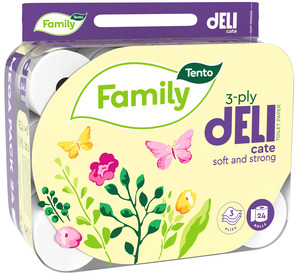 Tento Family Delicate toalettpapír (wc papír), 3 rétegű, 117 lapos, 24 tekercs/csomag