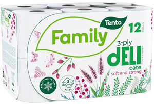 Tento Family Delicate toalettpapír (wc papír), 3 rétegű, 120 lapos, 12 tekercs/csomag